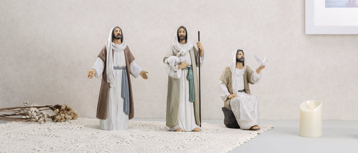 Featured artisan sculptures from the 'Walk With Jesus' collection, showcasing handcrafted Morandi-style resin figurines including Jesus with open arms, the Good Shepherd, and Jesus with a dove for peaceful home decor.