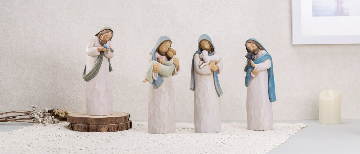 Exquisite 'Embrace His Hope' artisan sculpture series by Sandy Tuzinski, featuring inspirational 8-inch hand-painted resin figurines of Jesus with a bird, a child, a lamb, and a dog in a serene Morandi color palette.