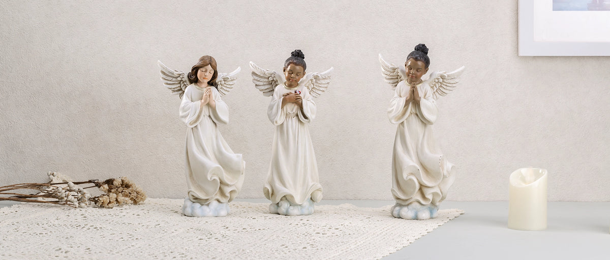 Featured artisan angel statues and guardian figurines from the ShineOnAngel collection, showcasing handcrafted praying and healing angel sculptures in a serene Morandi color palette for peaceful home decor.